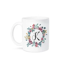 3dRose, Pretty Watercolor Floral Circle Frame With A Monogram Initial K, Mug