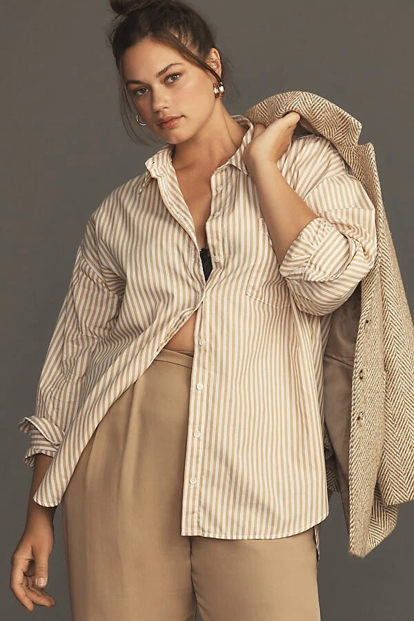 Anthropologie Maeve The Bennet 纽扣条纹衬衫女式 XL 经典黄色 — 第 3/4 张图片