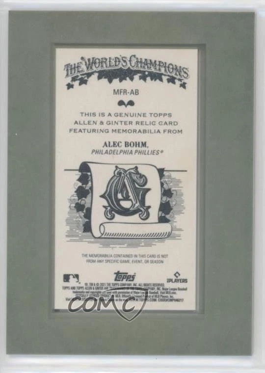 2021 Topps Allen & Ginter's Mini Framed Relics Alec Bohm #MFR-AB Rookie RC - Image 2 of 2