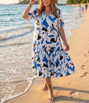 Intrend MAX MARA Group Blue White Abstract Print Cotton Tiered Dress IT 52 US 18