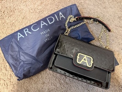 Arcadia Black Patent Shoulder Bag Gold Chain Strap Logo Accent