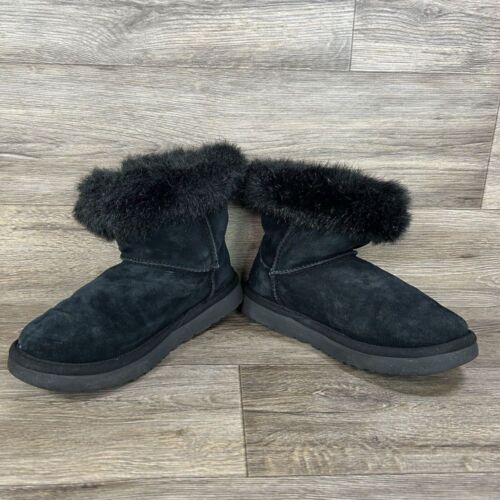 Ugg Mini Boots Womens 7 Blakeley Black Suede Faux Fur Trimmed Winter Cozy Fluffy - Picture 3 of 8