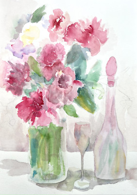 VTG Watercolor Still Life Flowers Spring Pastel  Wine Glass Decanter Wall Art