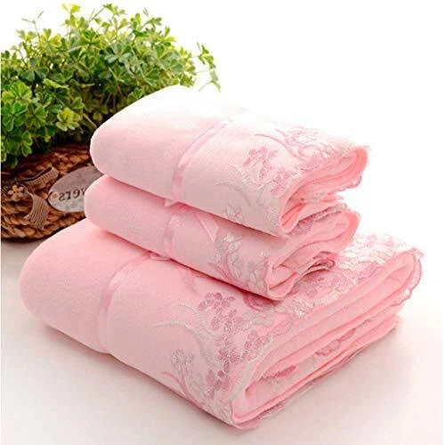 3 Pieces Pink Lace Bath Towels Set, Velvet Bath Towel Hand Towels Set (1  Bath