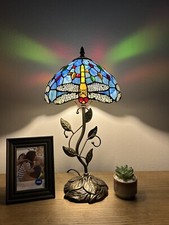 Tiffany Style Table Lamp Blue Stained Glass Dragonfly Include LED Bulb 10  W 20"H