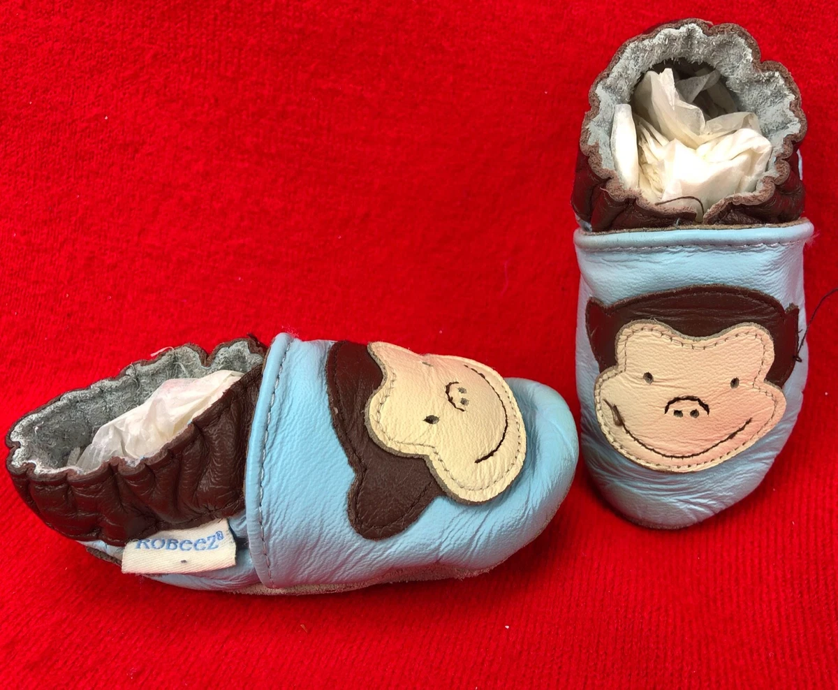 ROBEEZ Leather Crib Shoes - Monkey Face Blue Baby Infant Boys 0-6M