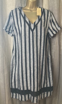 Next Dress Linen Blend Shift Style Size 12 BNWT Blue Stripe