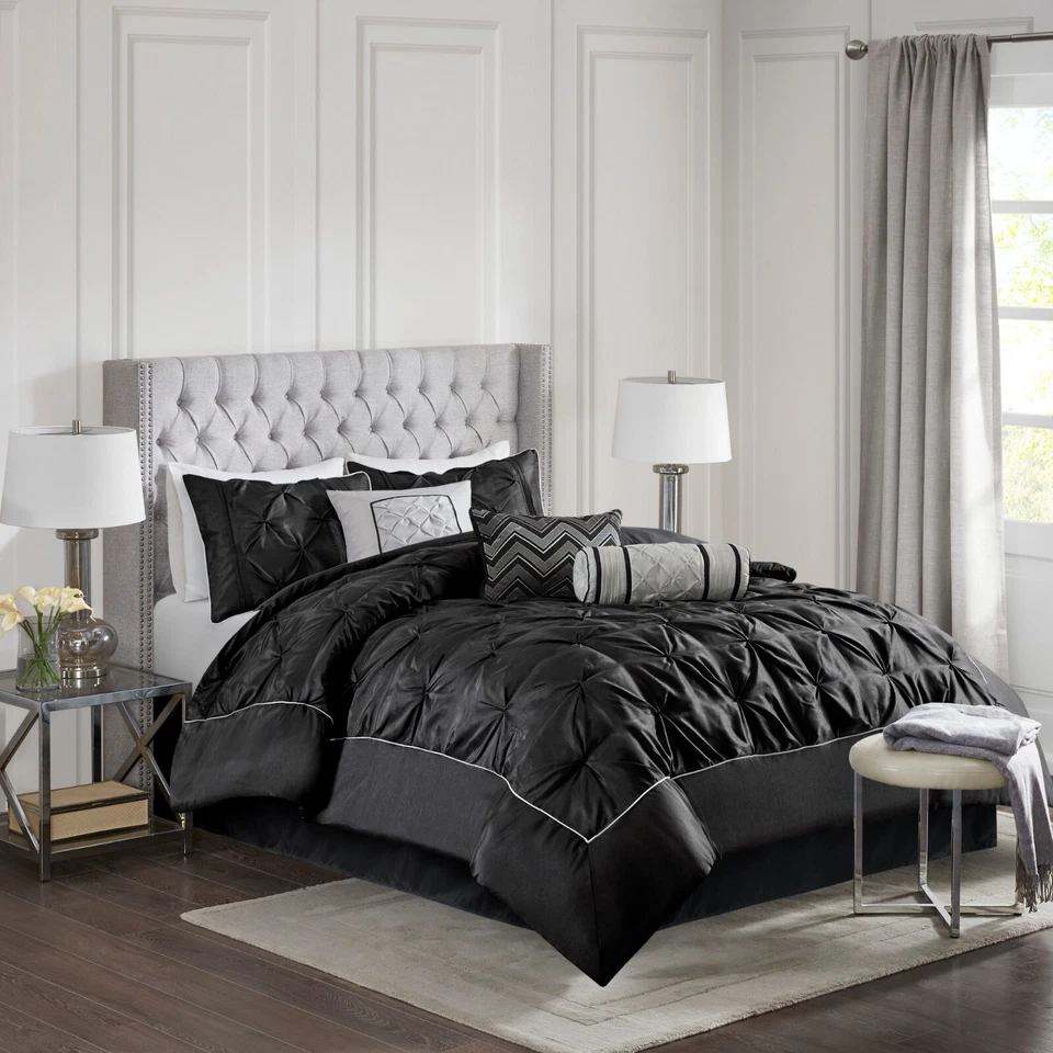 Madison Park 7pcs Bed In A Bag Comforter Set Tufted Pleated Faux Silk Bedding - Image 4 of 4