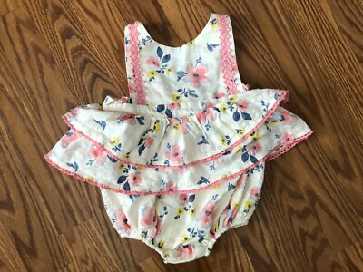 Joie Baby Girls Floral Ivory Pink Ruffle Crochet Bubble Romper Size 12 Months