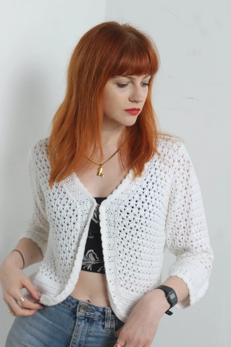 Daxon Womens Crochet Knit Cardigan White Size Small S W1U8