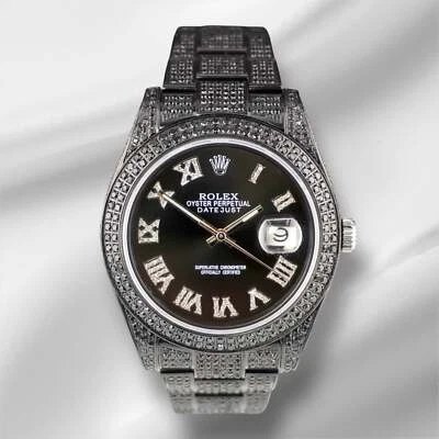 Rolex Homme Datejust 41mm Noir Glacé 10ct Diamants Romain Montre 116300 Papiers - Photo 1/4
