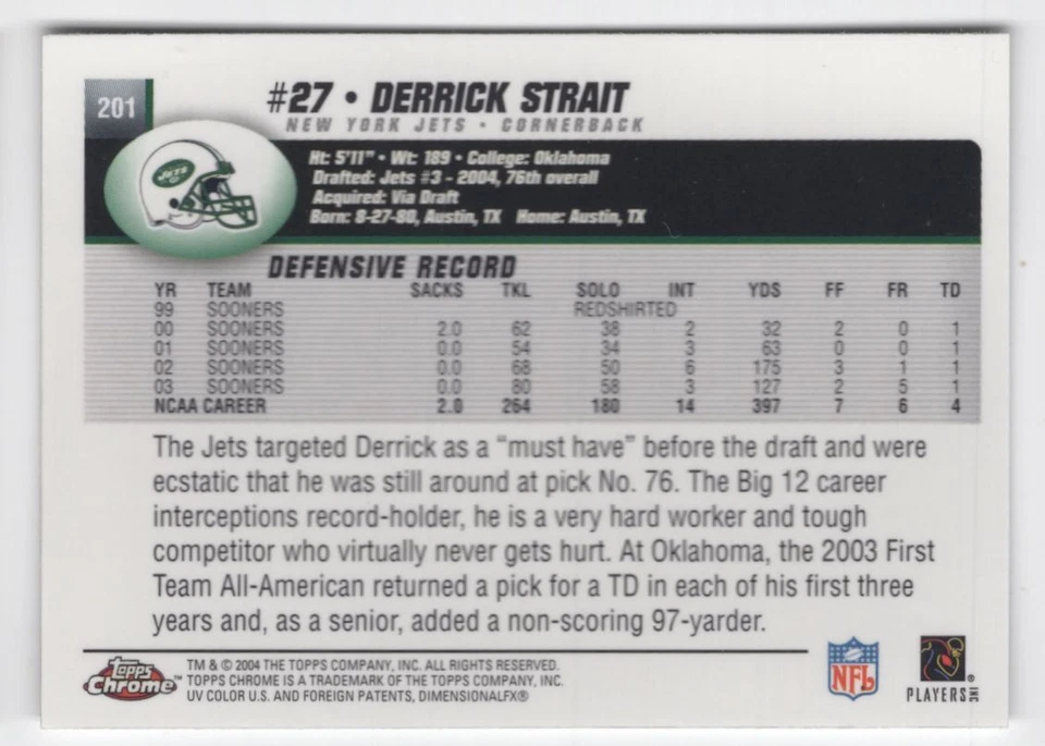 2004 Topps Chrome Derrick Strait Rookie New York Jets #201 - Image 2 of 2