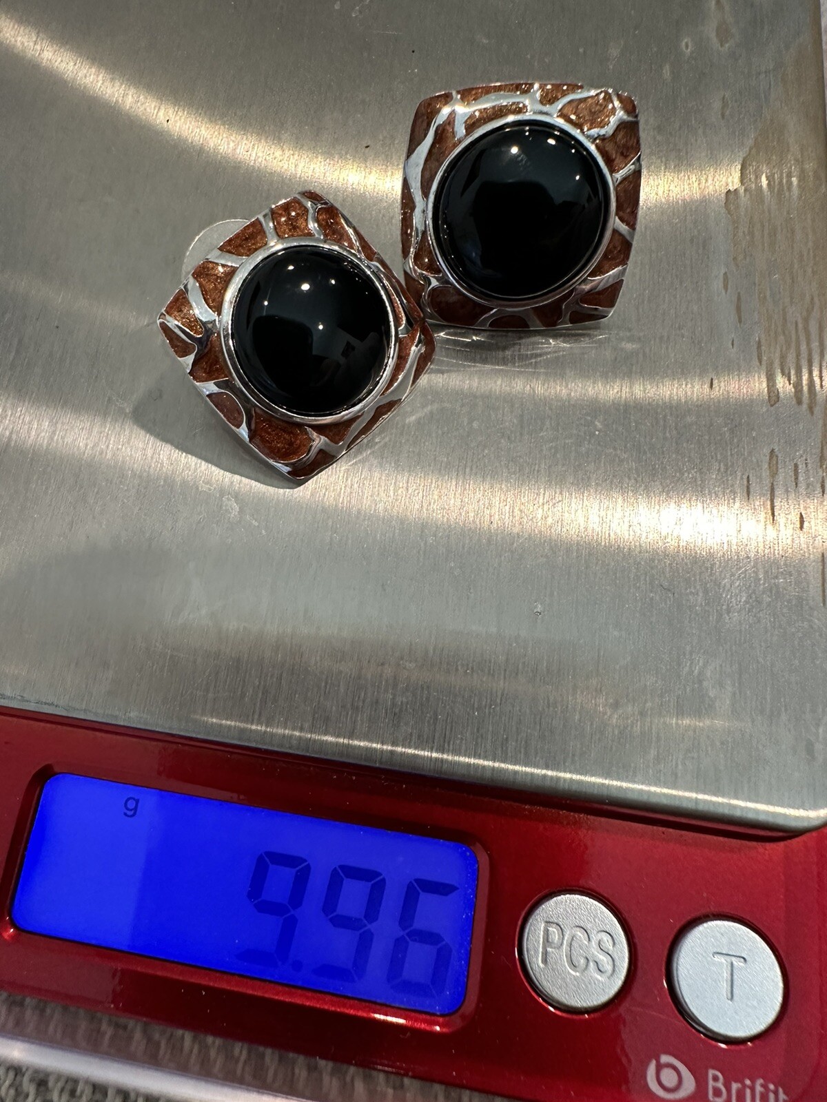 Statement Earrings Black Stone Copper Tone Enamel… - image 9