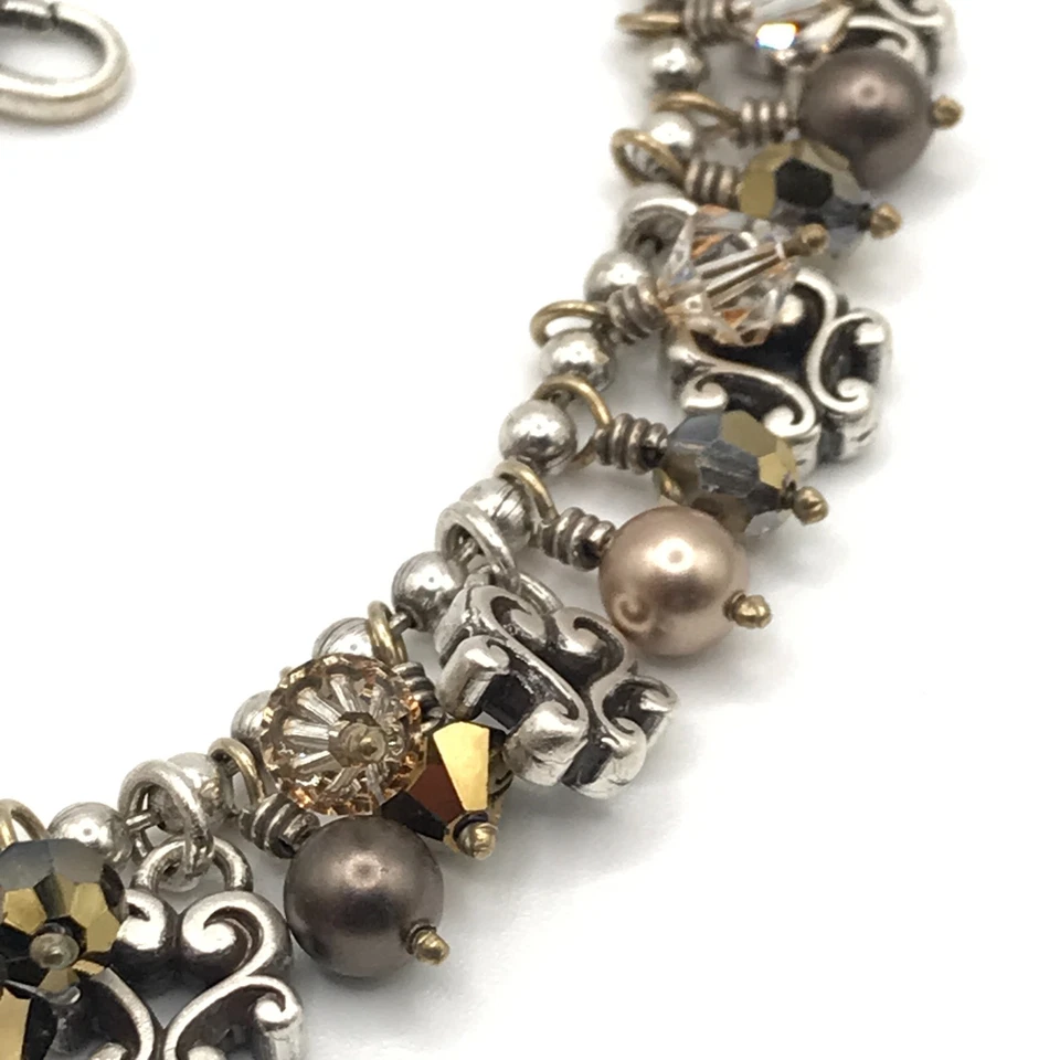 Brazalete Brighton Grueso Dije Imitación Perlas Negras y Doradas con Cristales Boho 8" Foto 4 de 4