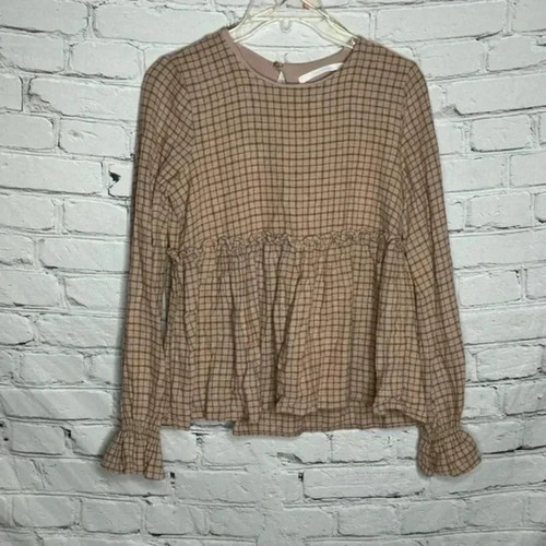 Zara Womens Small Check Print Peplum Swing Top Long Sleeve Shirt