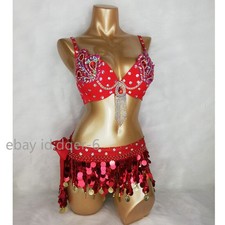 Women Belly Dance Costume Beaded Sequin Bra Dancer Wear Belt 2PCS/SET Outfit