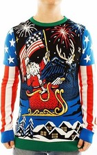 Ugly Christmas Sweater Unisex American Flag Santa Eagle Sleigh Patriotic Jumper