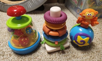 Lot of 3 Multicolor Baby Activity Toys: Stacking Rings, Spinning Rattle, Ball