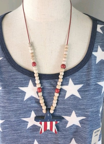 Patriotic Wooden Beaded Necklace Adjustable Red White Blue Star Pendant USA...