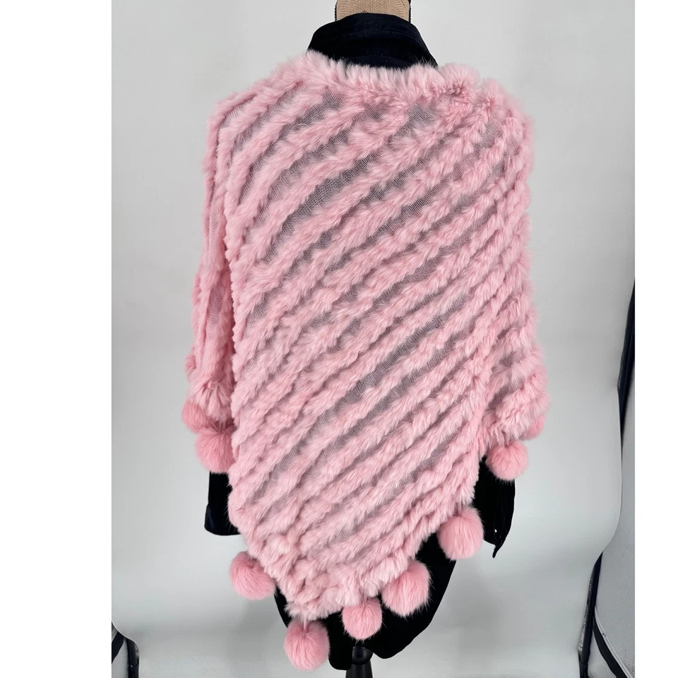 豪华粉色兔子毛皮披肩毛衣包裹角球形 Pom 均码 — 第 3/4 张图片
