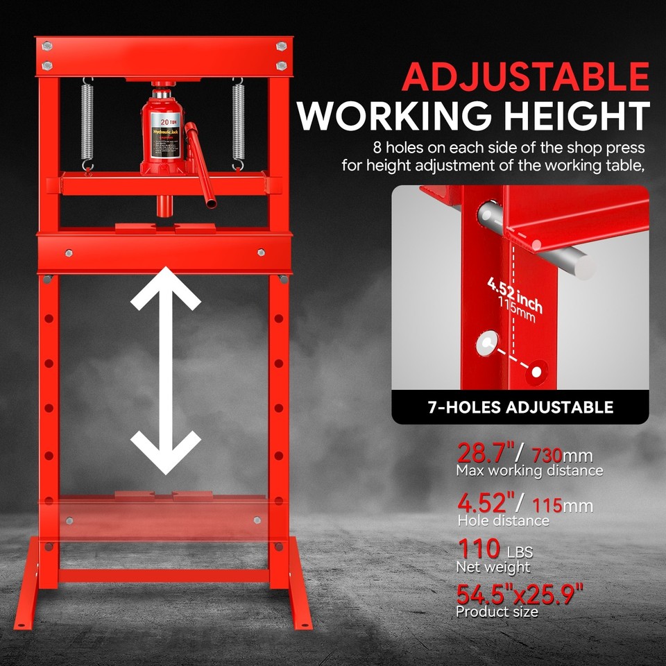 20 Ton Hydraulic Shop Press H-Frame Bearing Press Adjustable Benchtop ...