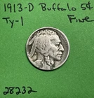 1913-D Buffalo 🦬 Indian Head Nickel 5c Piece Ty-1  Fine US Coin