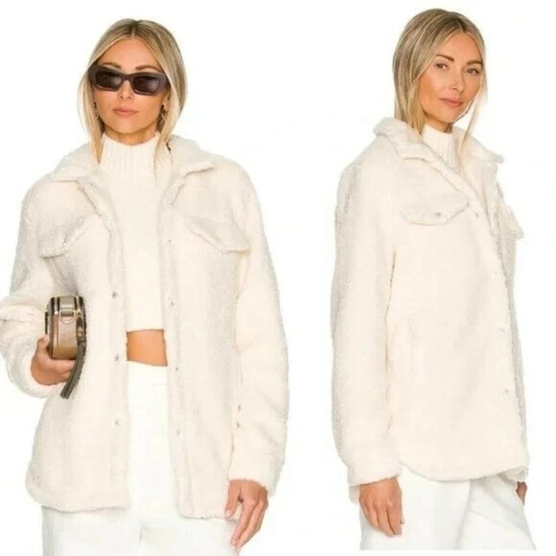 OFF WHITE BLANK NYC Shortbread Shacket Sherpa Pile Snap Front Giacca Cappotto di Pelliccia Taglia L