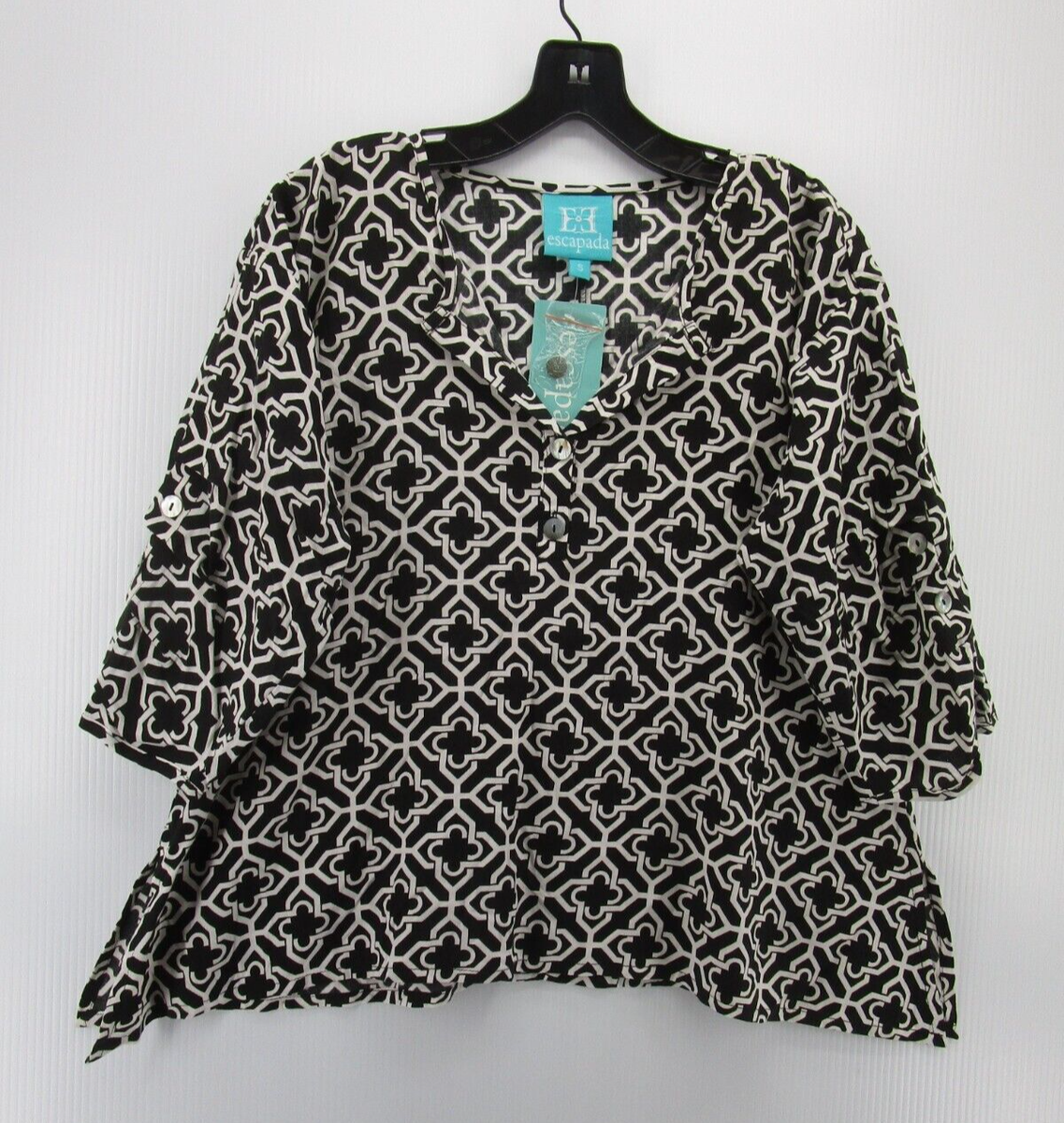 Escapada Top Women Small Black White Pullover Blouse Henley 
