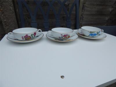 3 x handbemalte Suisse Langenthal Suppentassen & Untertassen mit 2 Henkeln Blumenmuster