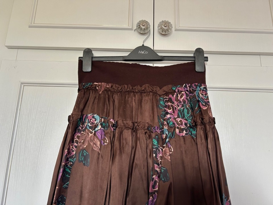 MNG BROWN SKIRT BOHO FRILLS LINED ELASTIC WAIST PINK/MULTI FLORAL M