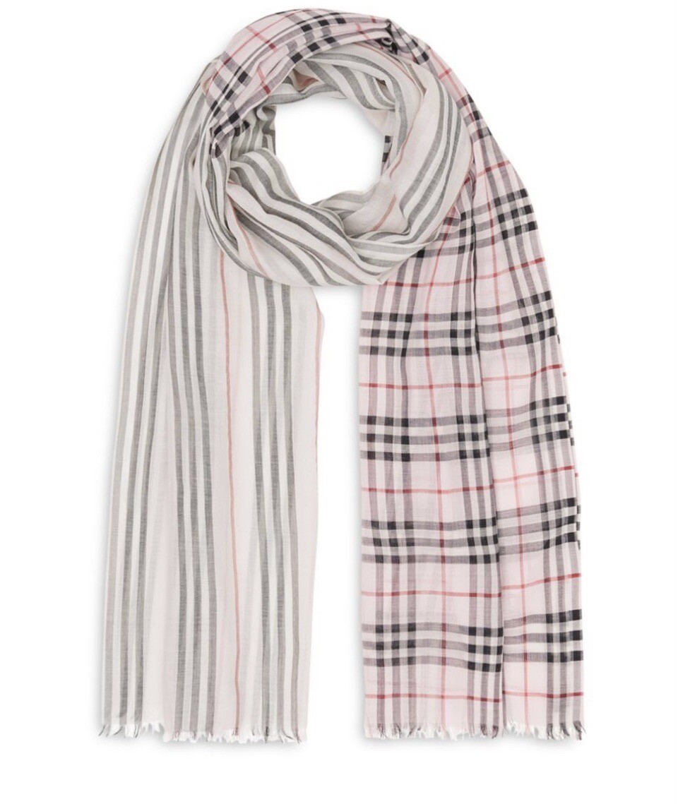 NEW Burberry Print Check To Stripe Wool/Silk Gauze Oblong NEW Burberry Print Check To Stripe Wool/Silk Gauze Oblong