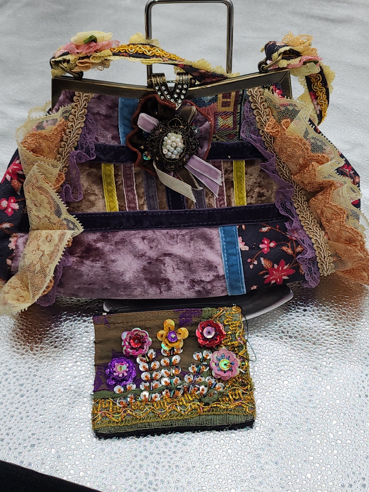 Handbag Pink Lace & Sequins Multi Color Beaded Flowers Boho-image