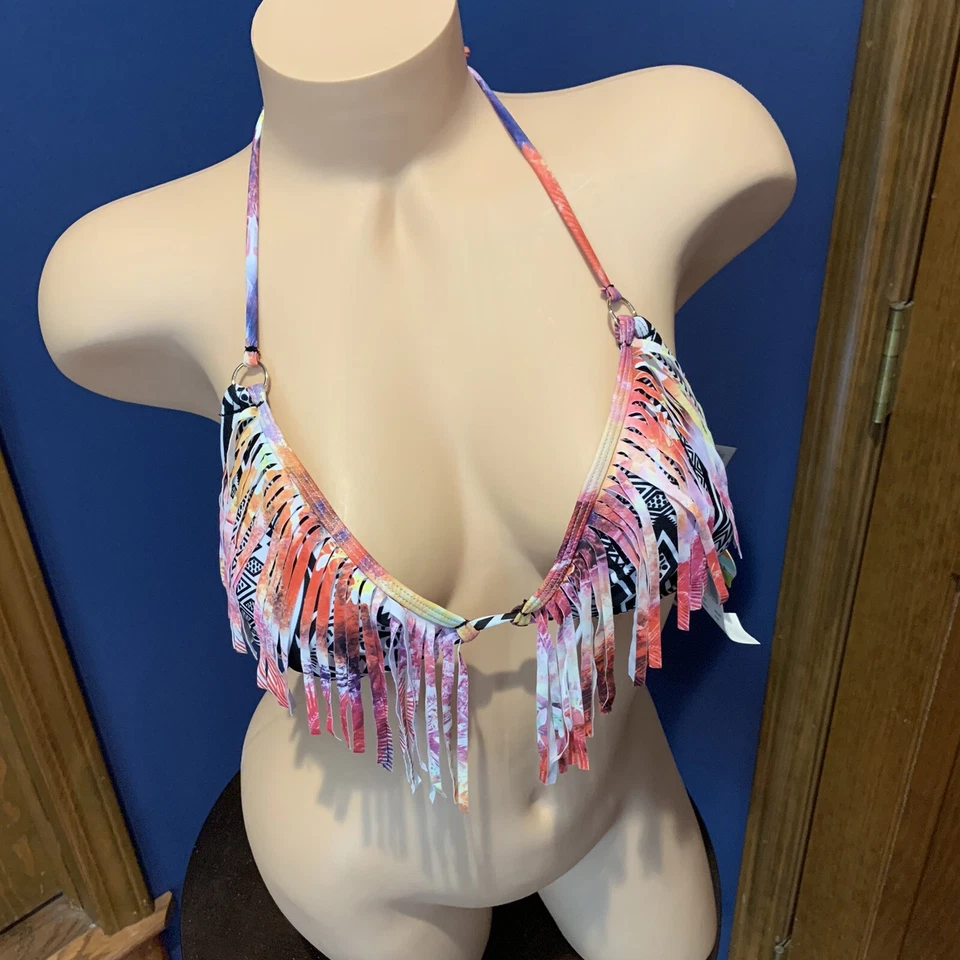 Raisins Bikini Top Sz S Black White Pink Triangle Bra Fringe Swimsuit P7842 - Image 2 of 4