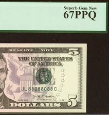 2009 $5 FRN PCGS Superb Gem 67PPQ - Fancy Radar Serial Number 88088088