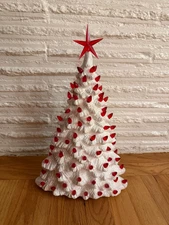 Slim Vintage Ceramic White Glitter Christmas Tree Red Lighted 15.5" No base