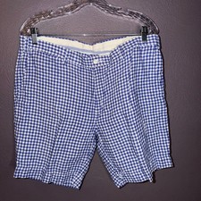 Polo Ralph Lauren Mens Blue White Gingham 100 Linen Shorts Flat Front Size 38