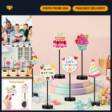 6 Pcs Birthday Table Decor - Double-Sided Wooden Centerpieces, Happy Party Decor