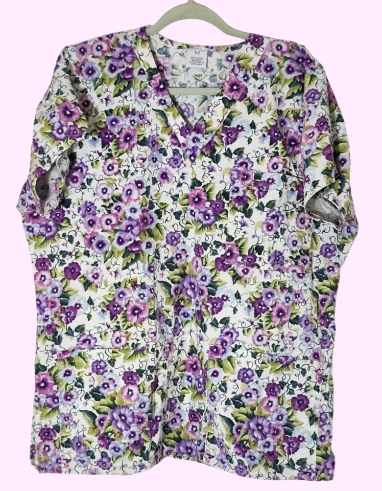 Floral & Abstract Print Womens Scrub Tops Lot Of 3 Pockets Cotton Blend Size M - Image 4 of 4