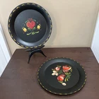 2 Tole Painted Metal Plates 8.5” Hand Painted 1 Plate Signed “MCS 1980” Vintage
