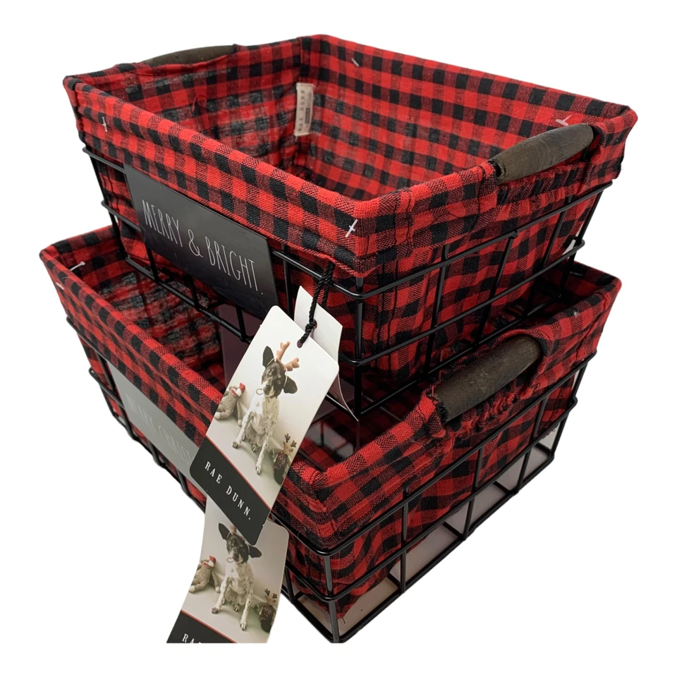 Rae Dunn Christmas Holiday Basket Set Home Gift Caddy Snacks Organize Red Check - Image 2 of 4