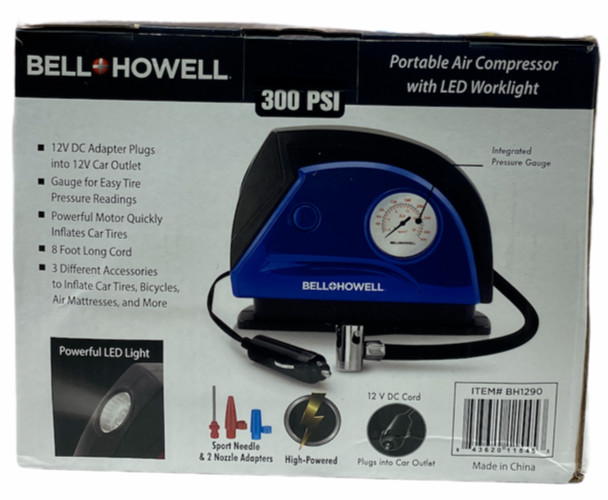 Bell Howell 12V DC Portable Air Compressor w/ LED Worklight 300PSI for Car, Bike
