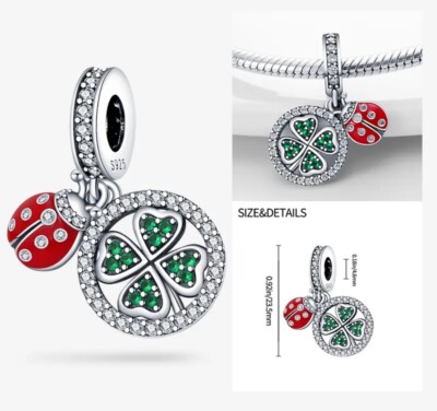 Glücklicher Marienkäfer Kleeblatt Hänger Charm Perle für Armband S925 Sterlingsilber