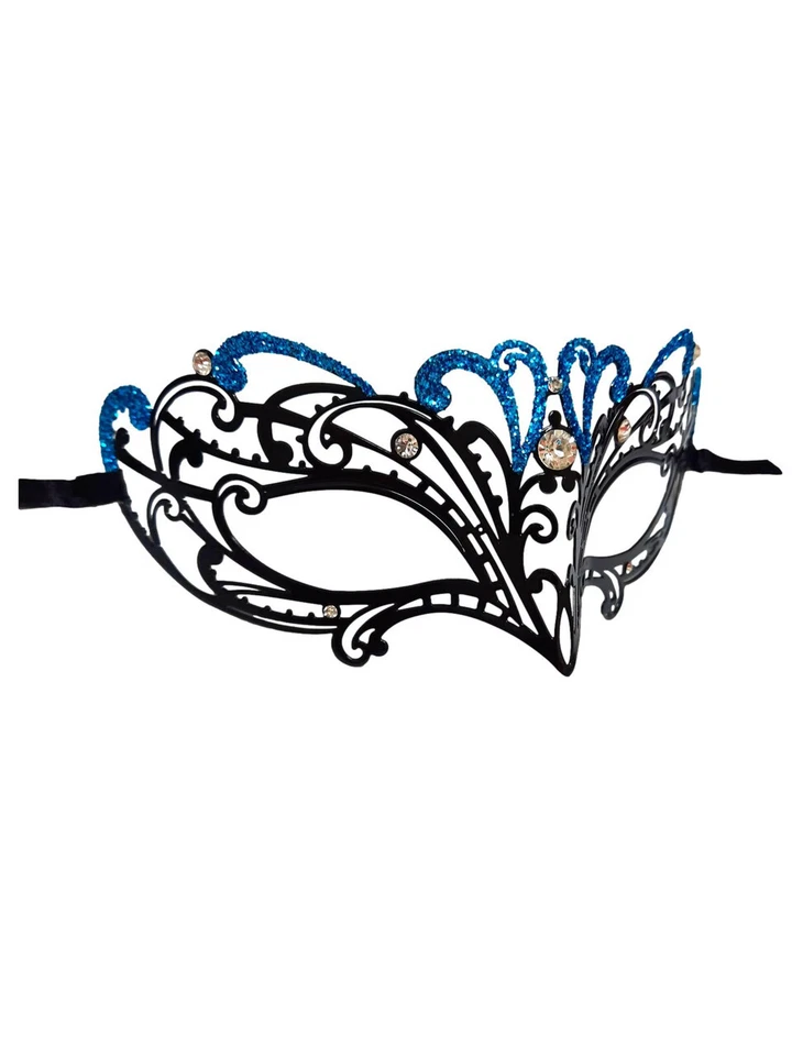 Turquoise Petite Black Crystal Glitter Masquerade Metal Filigree Mask - Image 4 of 4
