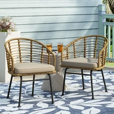 Outdoor Wicker Dining Chairs with Cushion (Set of 2), Light Brown and Beige