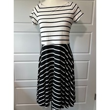 LOFT Black White Striped Boat Neck Short Sleeve Fit Flare Midi Dress Women Small