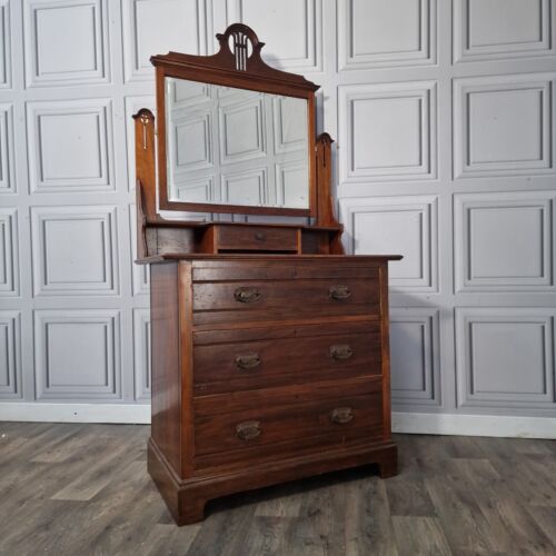 Antique Edwardian Art Nouveau Wooden Mirror Back Dressing Table Chest Of Drawers - Picture 10 of 24