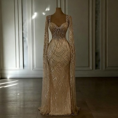 Luxury Champagne Cape Sleeves Evening Dresses Beading Wedding Party Bridal Gowns