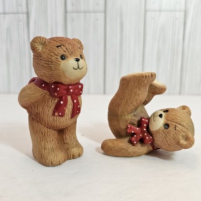 Enesco Lucy & Me Bear Red Polka Dot Ribbon Heart 1980 1982 Set/2 I Love You Too