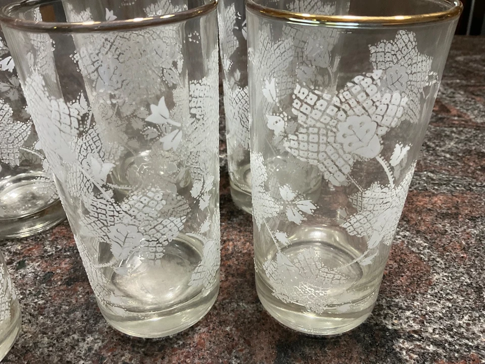 8 Libbey Raised Etched  Frosted Glasses w/ Gold Rim 10oz Grapevine/Lace Pattern - Image 4 of 4