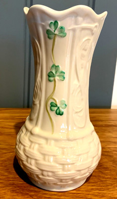 Belleek Ireland Basket weave Shamrock Vase